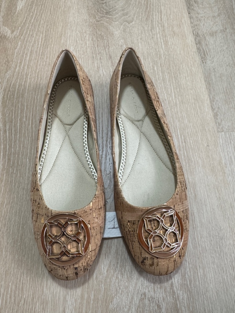 Kelly & Katie Cork-Textured Tan Ballet Flats with Gold Emblem